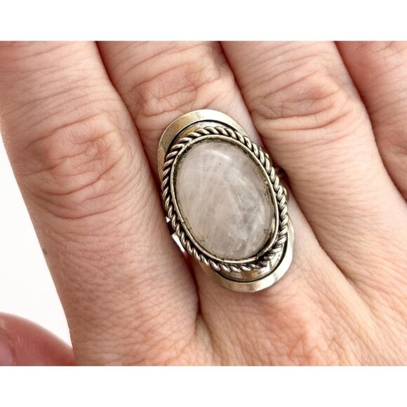 White Quartz Stone Southwest Style Silver T Adjustable Vintage Ring - sz 7 - Picture 1 of 10